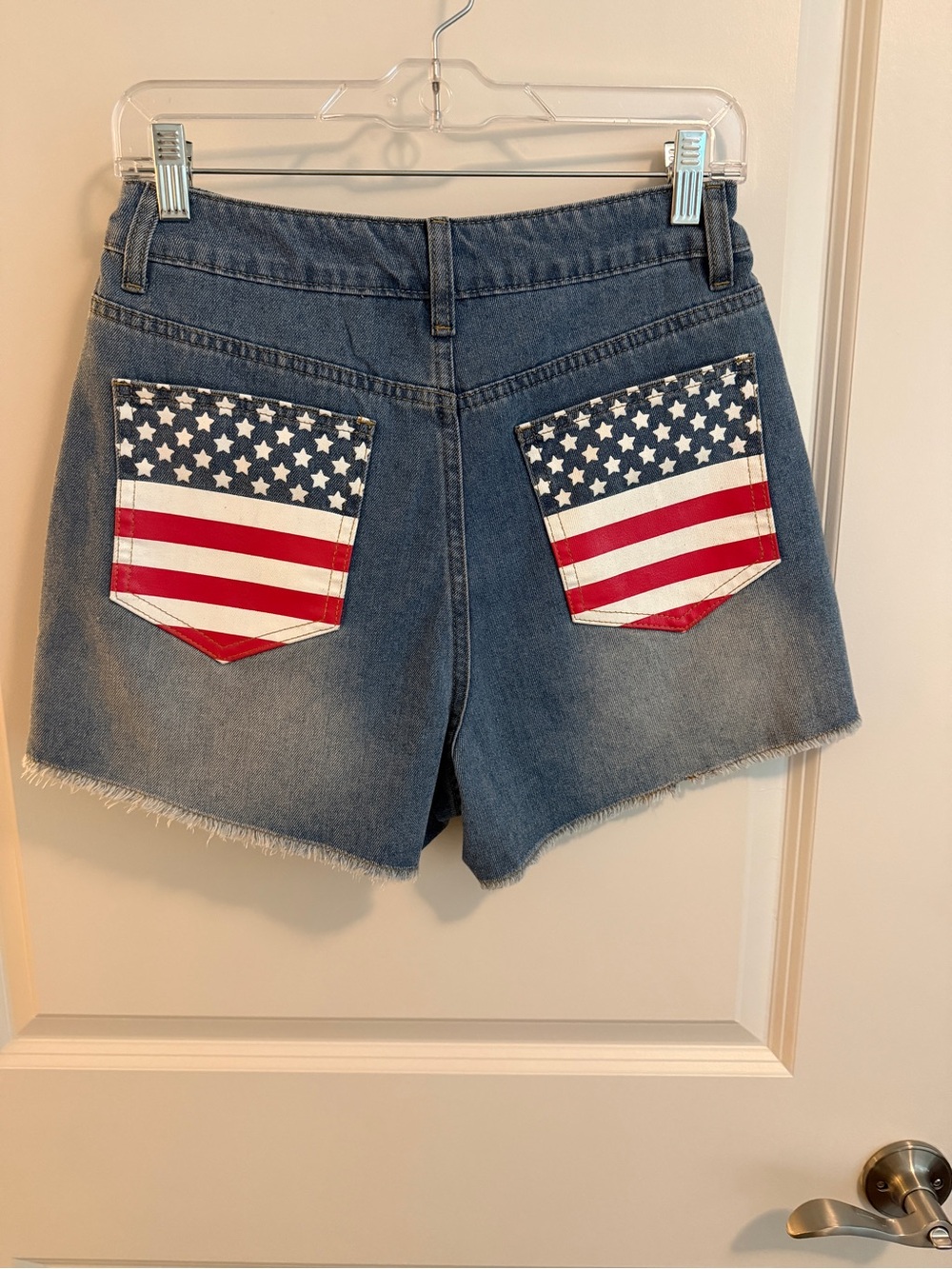 Cupshe Blue Denim Shorts with Red, White & Blue Flag Pockets